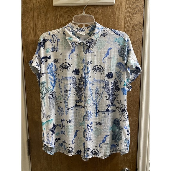 Jane + Delancey White Blue Sea Life Print Short Sleeve Button Blouse L Light - Picture 1 of 13